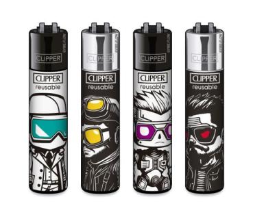 Clipper CLASSIC Large – Big Heads 4er Set mit schwarz-weißen Portraits und farbigen Visoren; nachfüllbar, Softflame, Stopfhilfe.